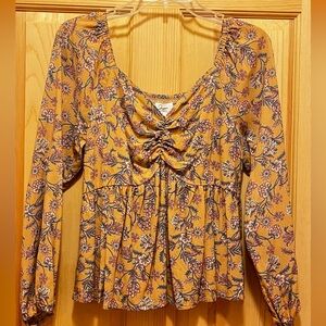 yellow floral long sleeve blouse—size L